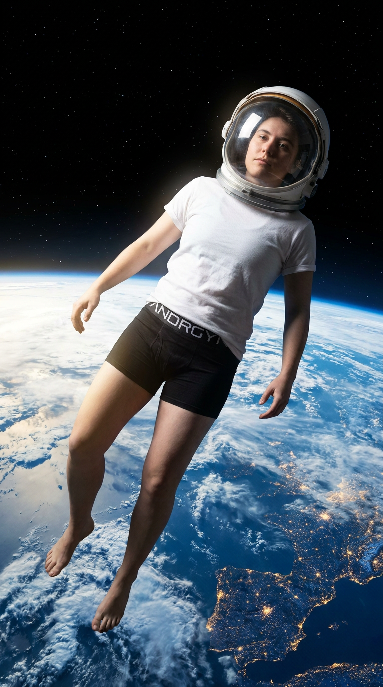 A person floating in space wearing a white t-shirt, black boxer briefs with 'ANDRGYN' printed on the waistband, and a white space helmet, with Earth visible in the background.